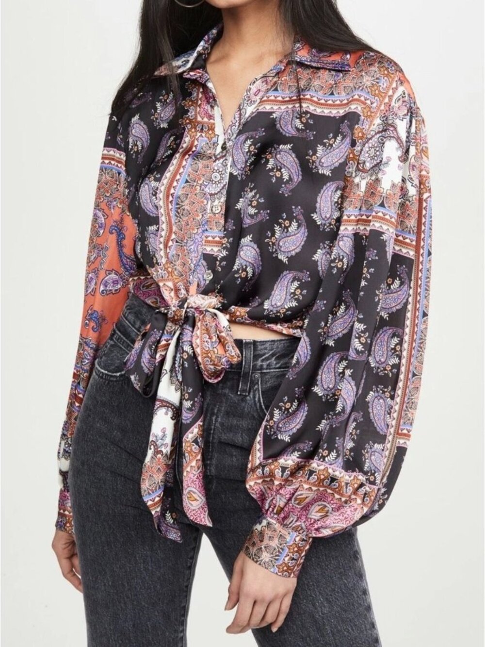 Petersyn Antonia Paisley Tie-Front Long Sleeve Collared Blouse Bazaar Small Boho